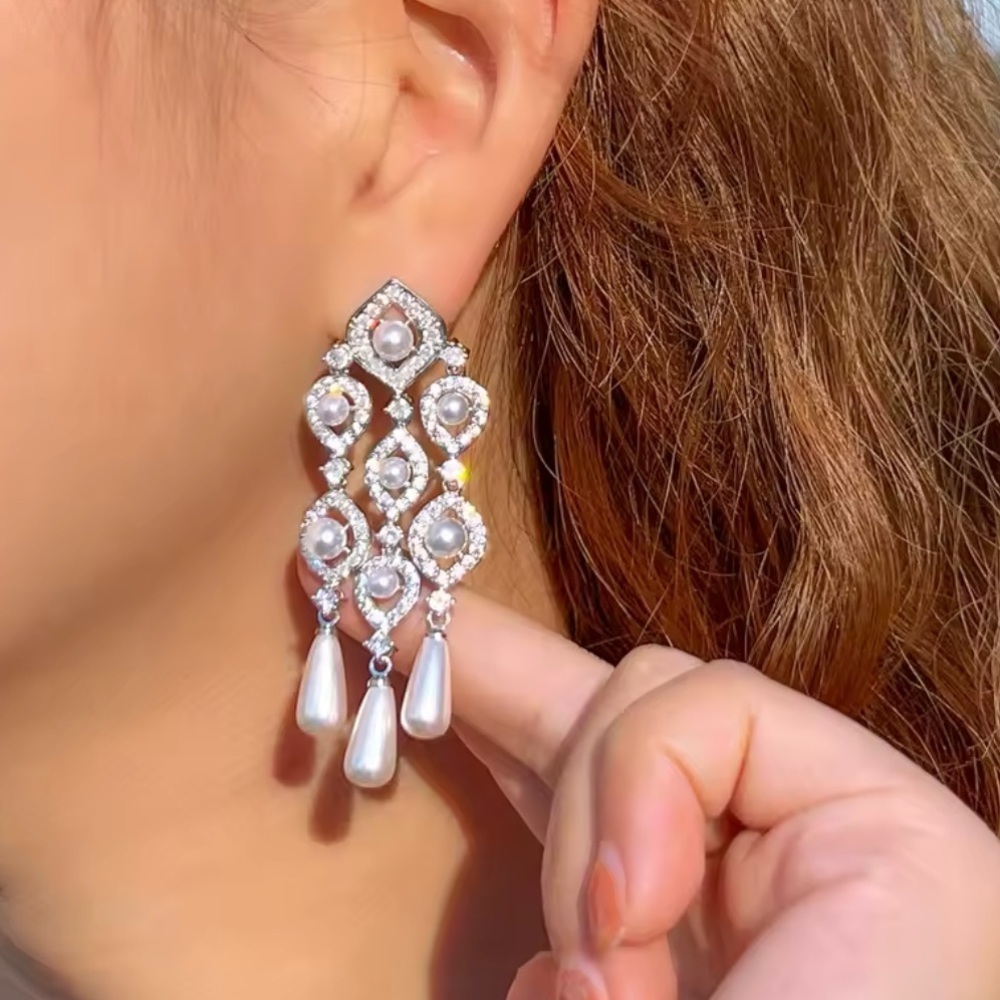 Elegant Cubic Zirconia Pearl Drop Statement Earrings Perfect for Special Occasio - Picture 7 of 12